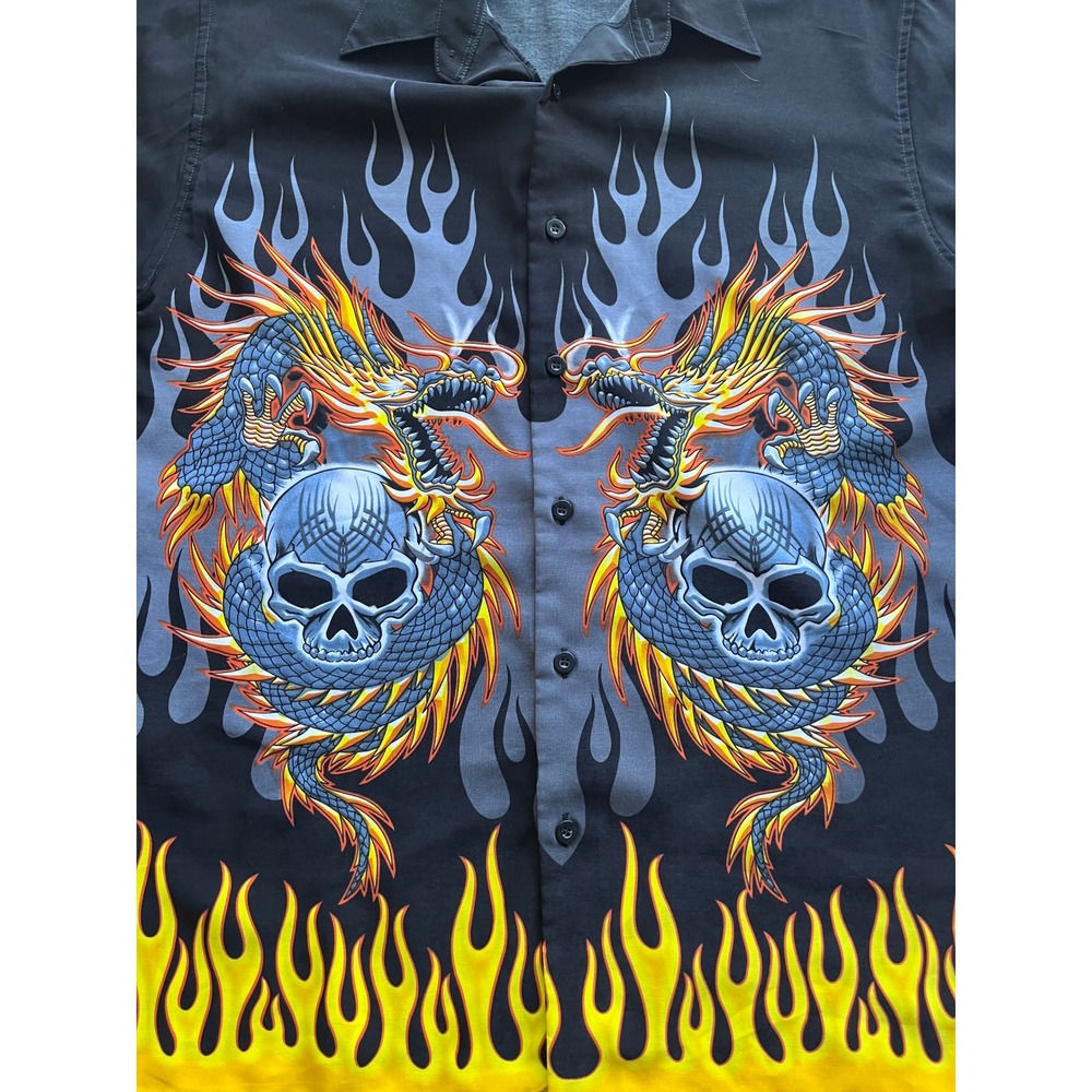 Authentic Shaolin Dragon Skull Flame Shirt Black Y2K Graphic Button Up Large - Picture 2 of 8